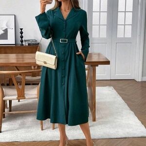 Women's Solid Color Lapel NeckLong Sleeve Single-Breasted Elegant Office Midi Dr